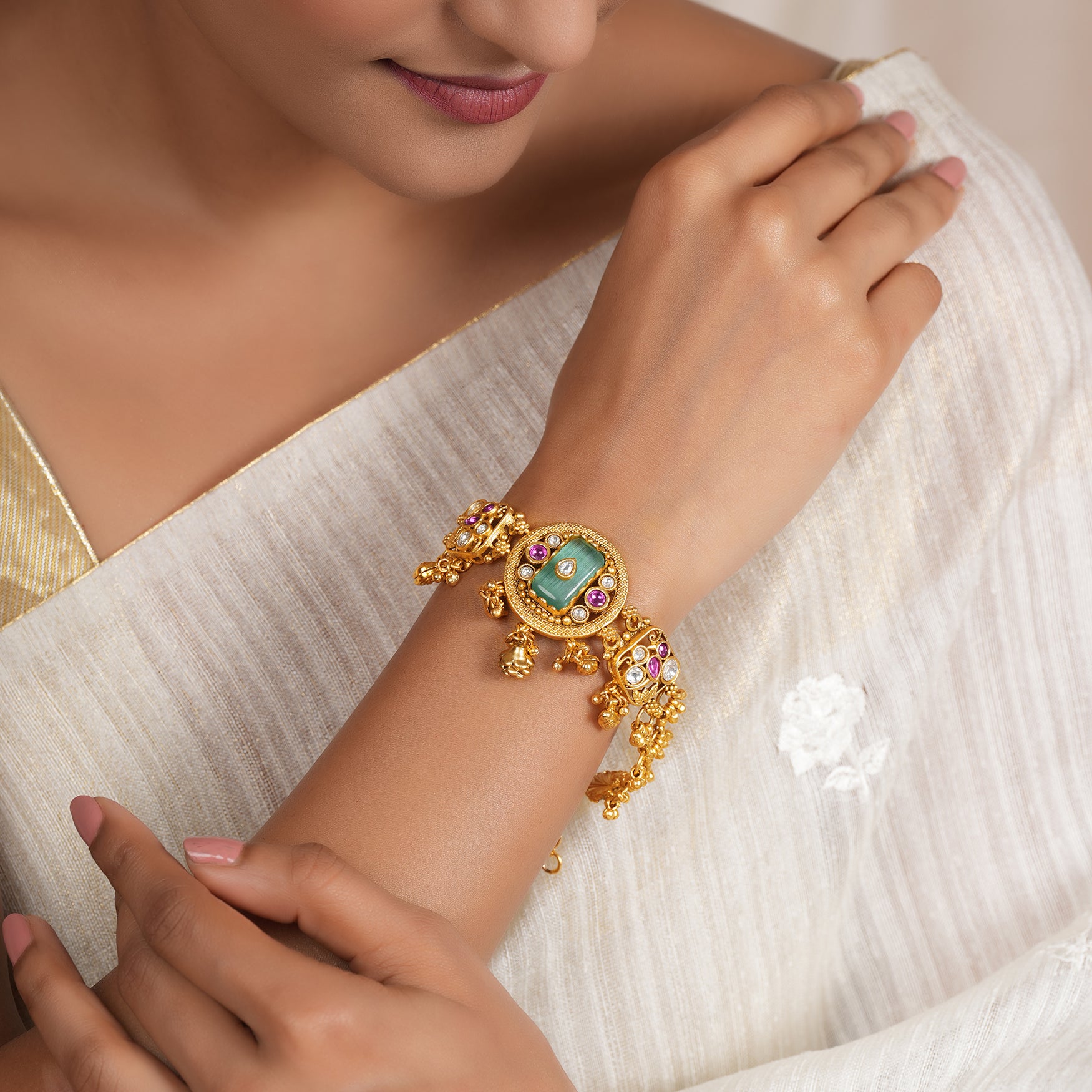 Stunning multicolor kundan antique gold bracelet