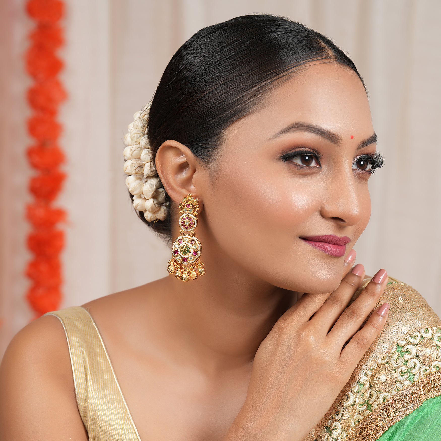 Long antique gold stone kundan earring