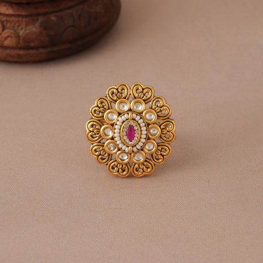 Tradional oval antique gold kundan finger ring