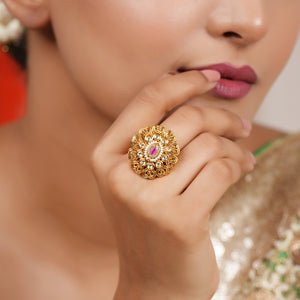 Tradional oval antique gold kundan finger ring