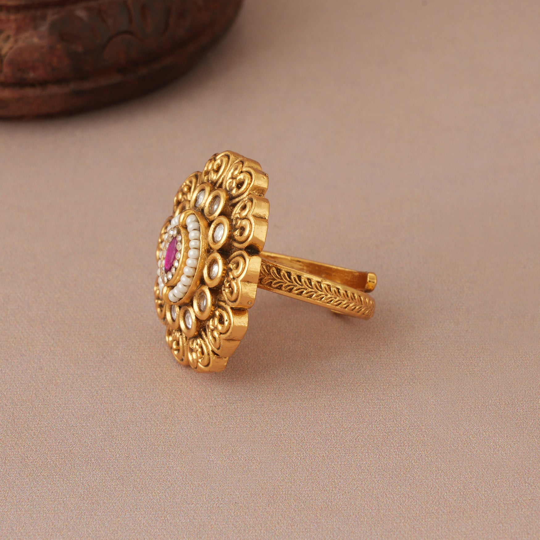Tradional oval antique gold kundan finger ring