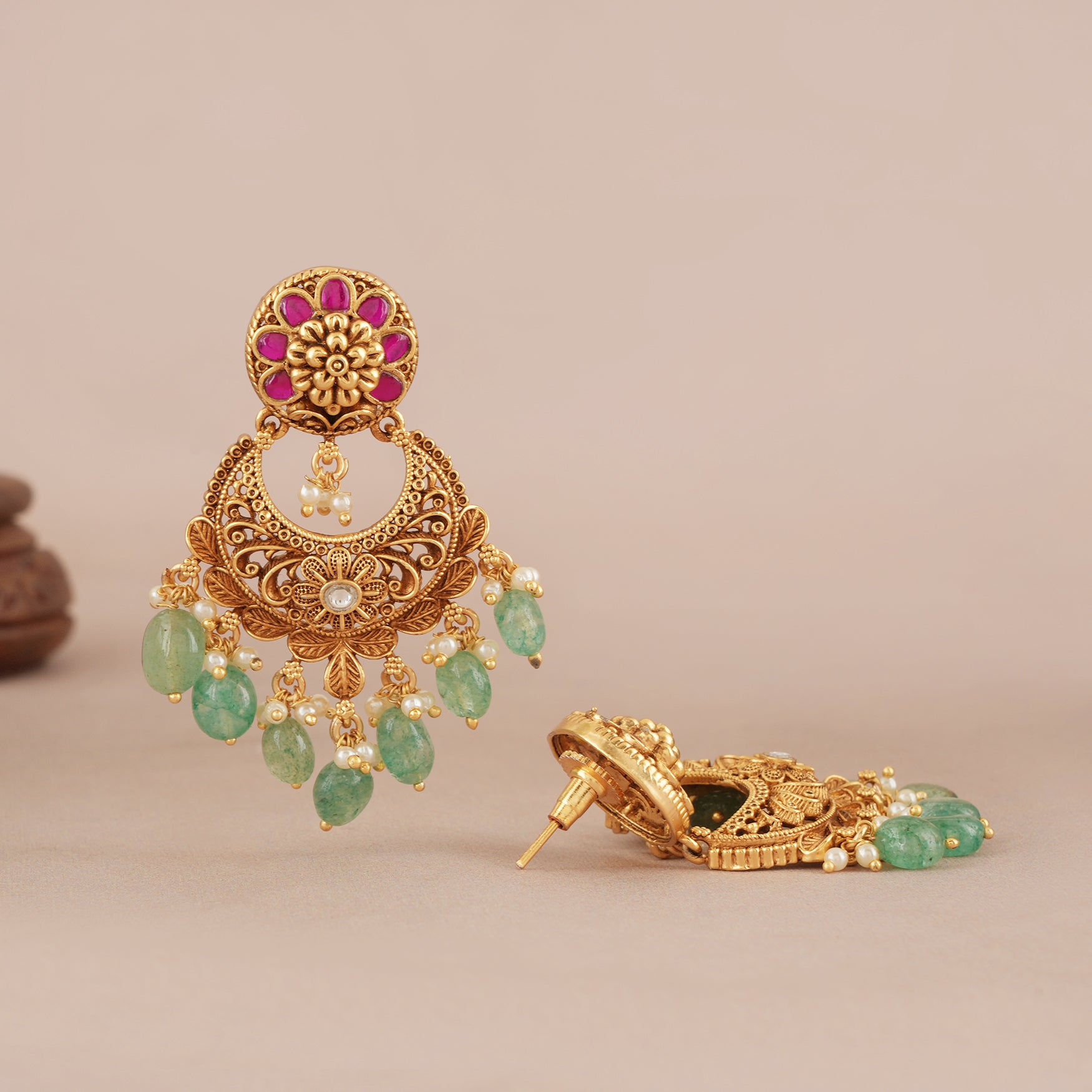 Stunning antique gold multicolor stone fall chandbali earring