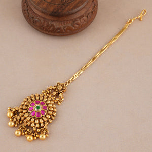 Beautiful floral antique gold ruby maangtika