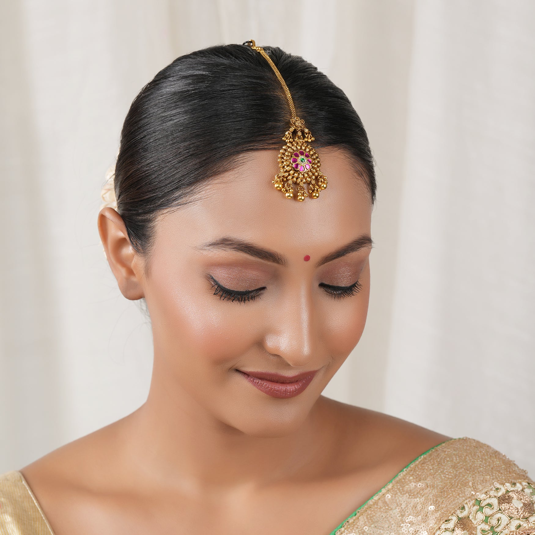 Beautiful floral antique gold ruby maangtika