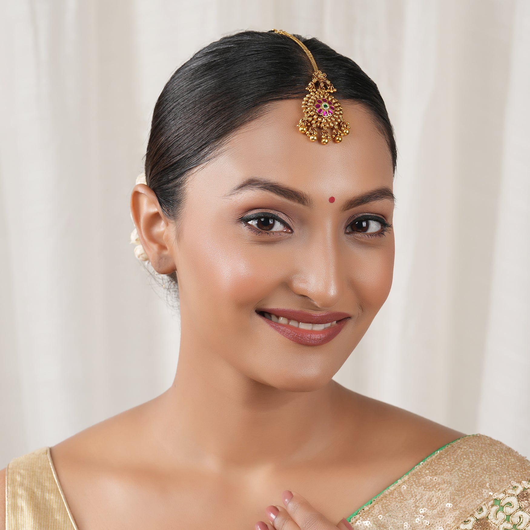 Beautiful floral antique gold ruby maangtika