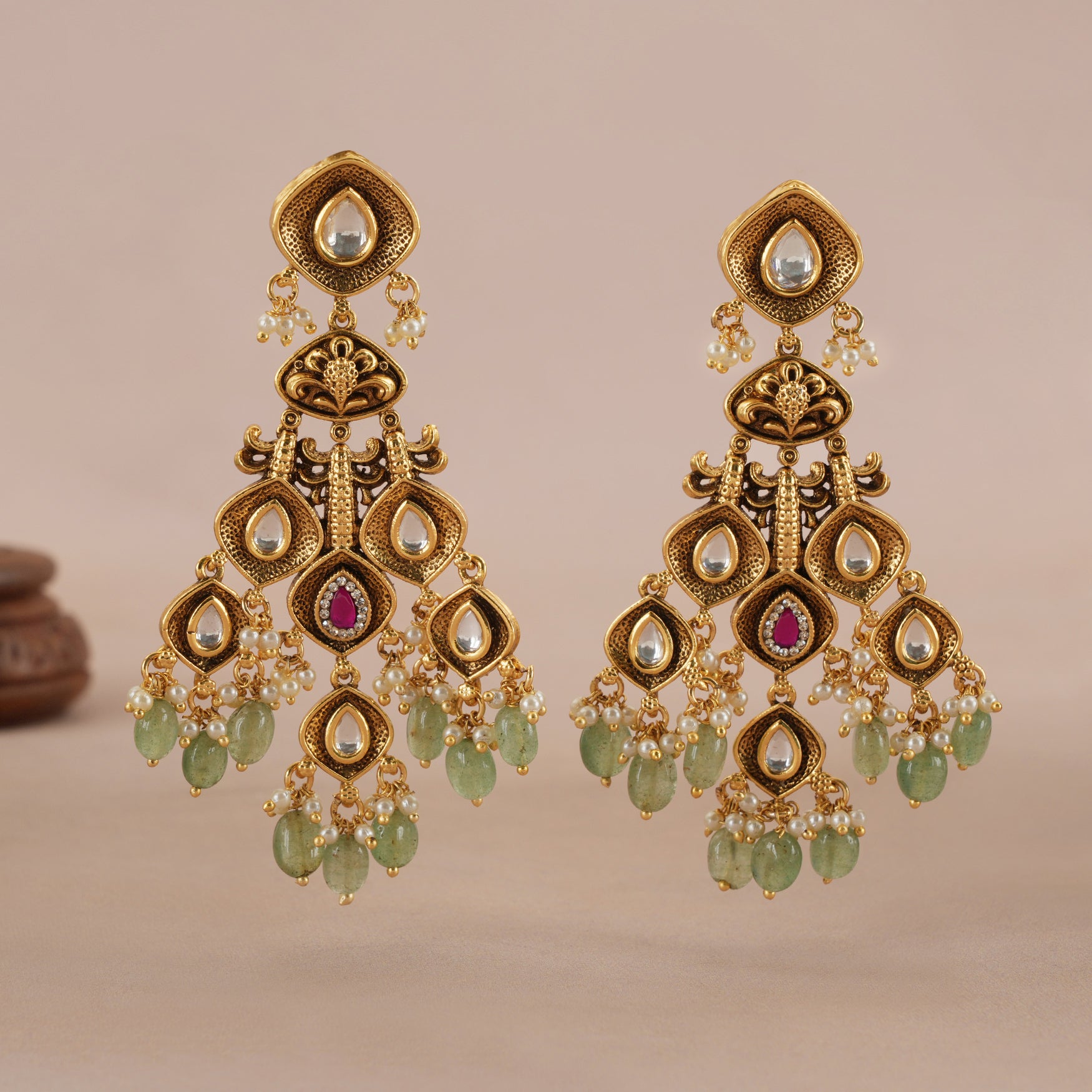 Stunning Long antique gold  multicolor stone earring