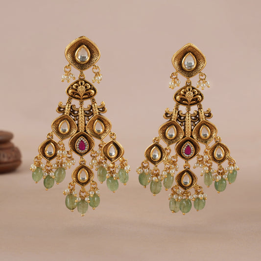 Stunning Long antique gold  multicolor stone earring