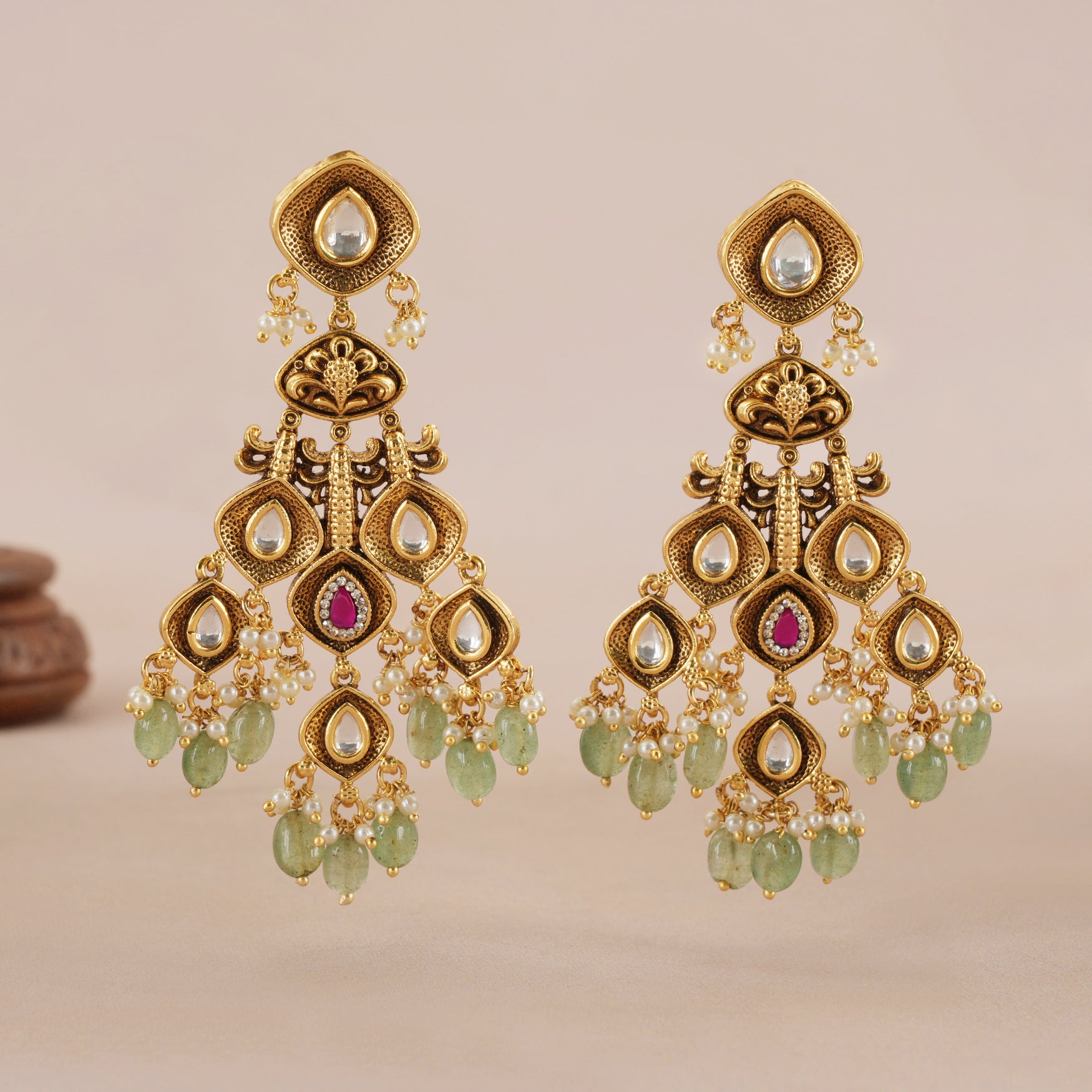 Stunning Long antique gold  multicolor stone earring