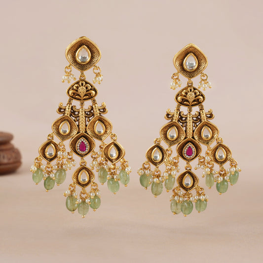 Stunning Long antique gold  multicolor stone earring