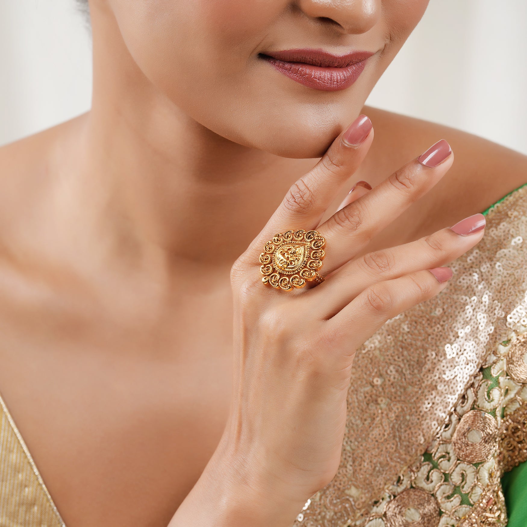 Stunning plain antique gold maa lakshmi adjustable finger ring I Temple Jewellery