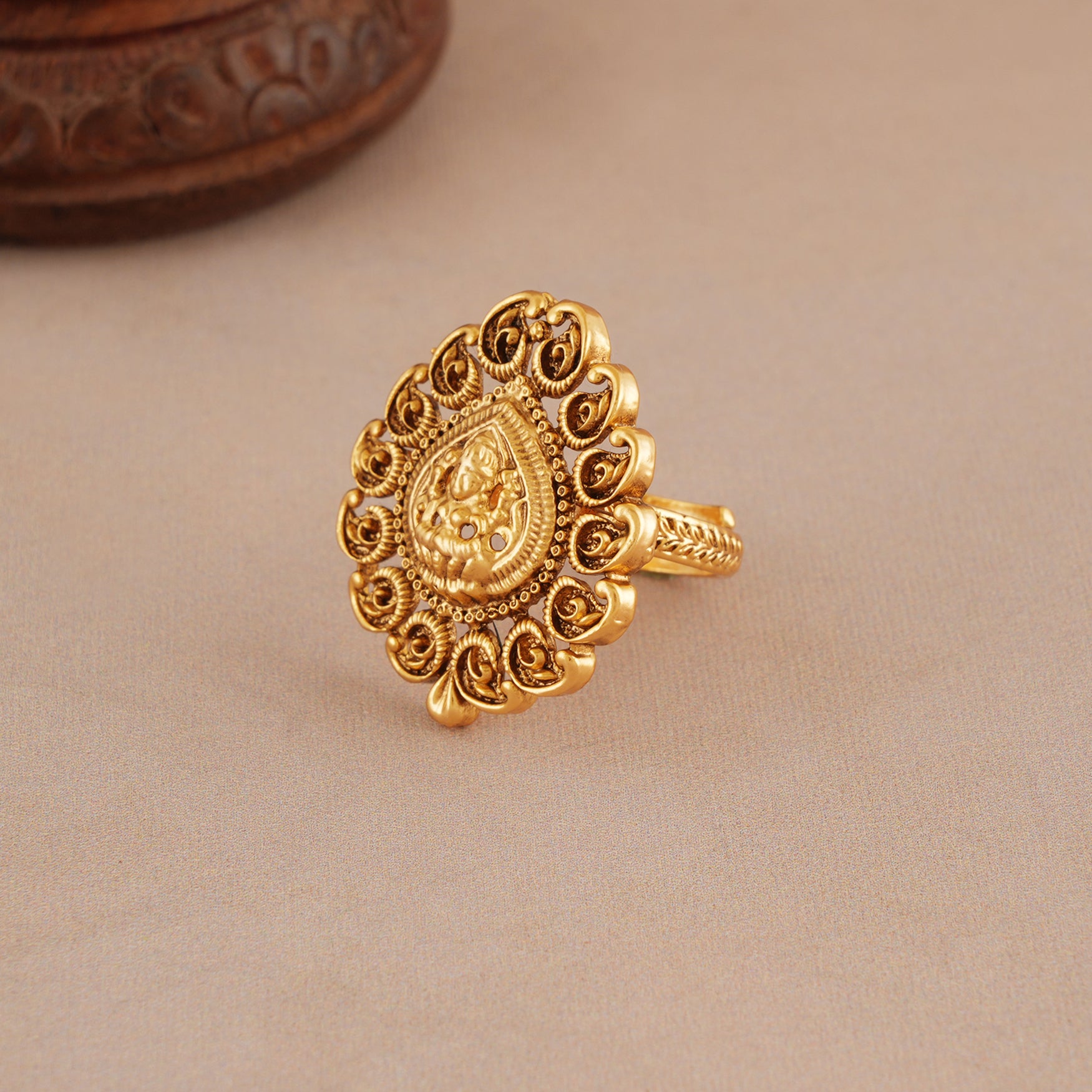 Stunning plain antique gold maa lakshmi adjustable finger ring I Temple Jewellery
