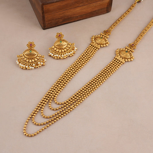 Long antique gold ball layered necklace set