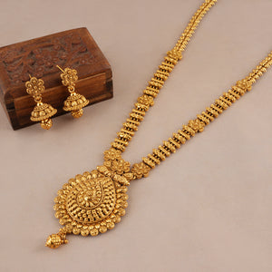 Long antique gold plain necklace set with jhumka earring