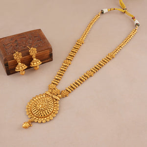 Long antique gold plain necklace set with jhumka earring