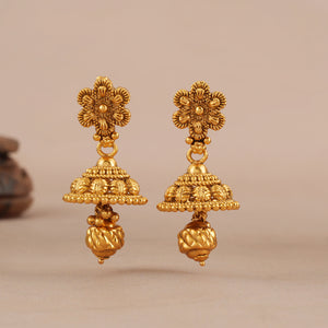 Long antique gold plain necklace set with jhumka earring