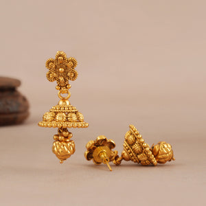 Long antique gold plain necklace set with jhumka earring