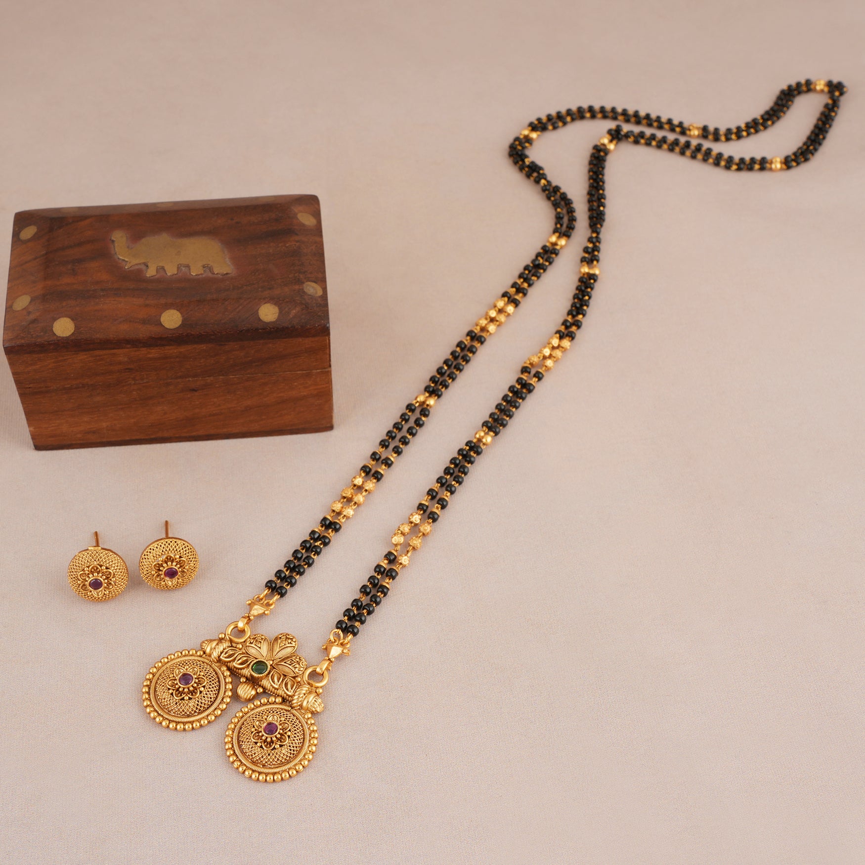 long antique gold floral mangalsutra necklace set