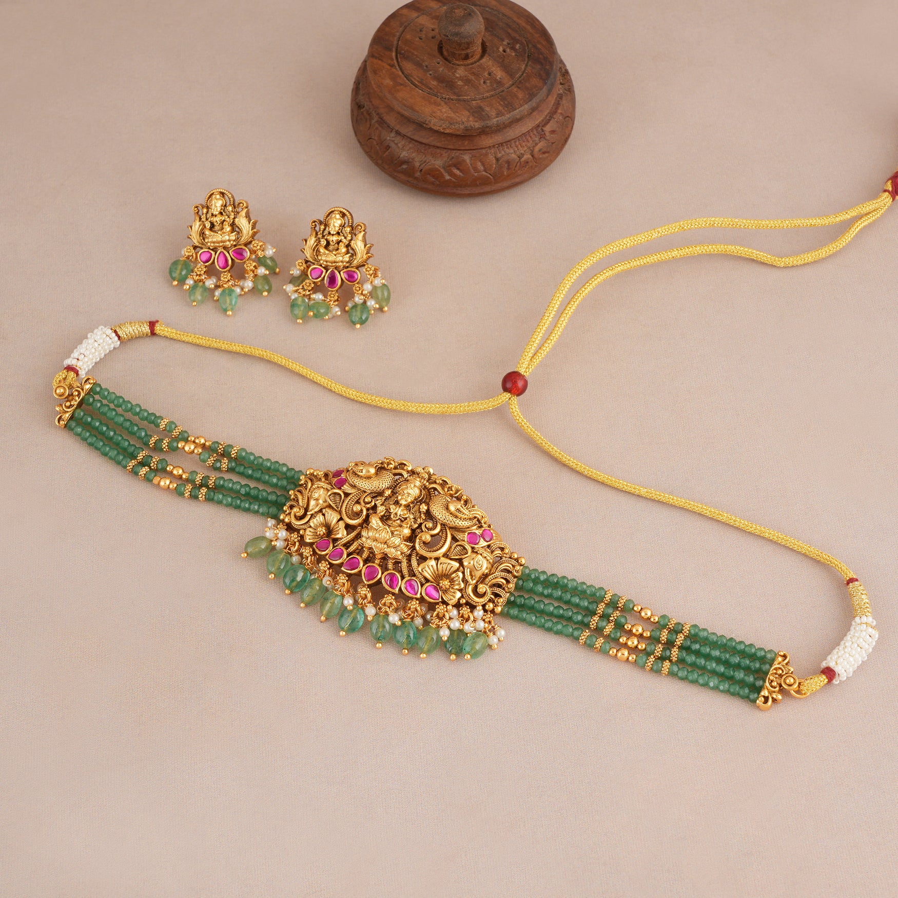 Stunning maa lakshmi antique gold multicolor choker set I Temple Jewellery