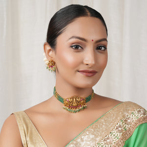 Stunning maa lakshmi antique gold multicolor choker set I Temple Jewellery