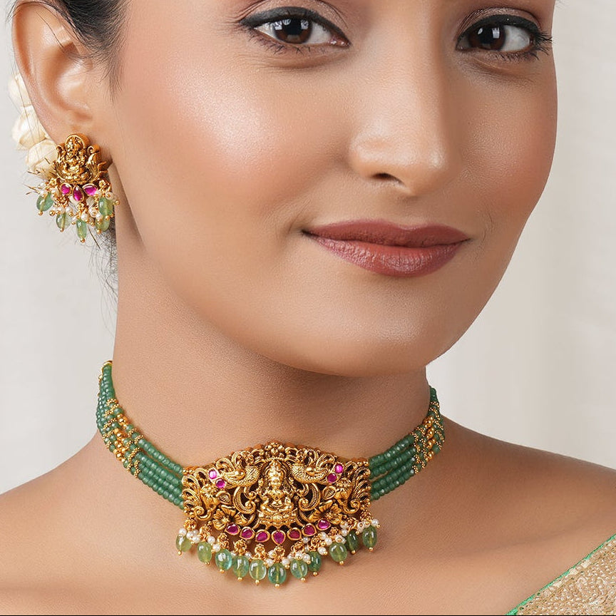 Stunning maa lakshmi antique gold multicolor choker set I Temple Jewellery