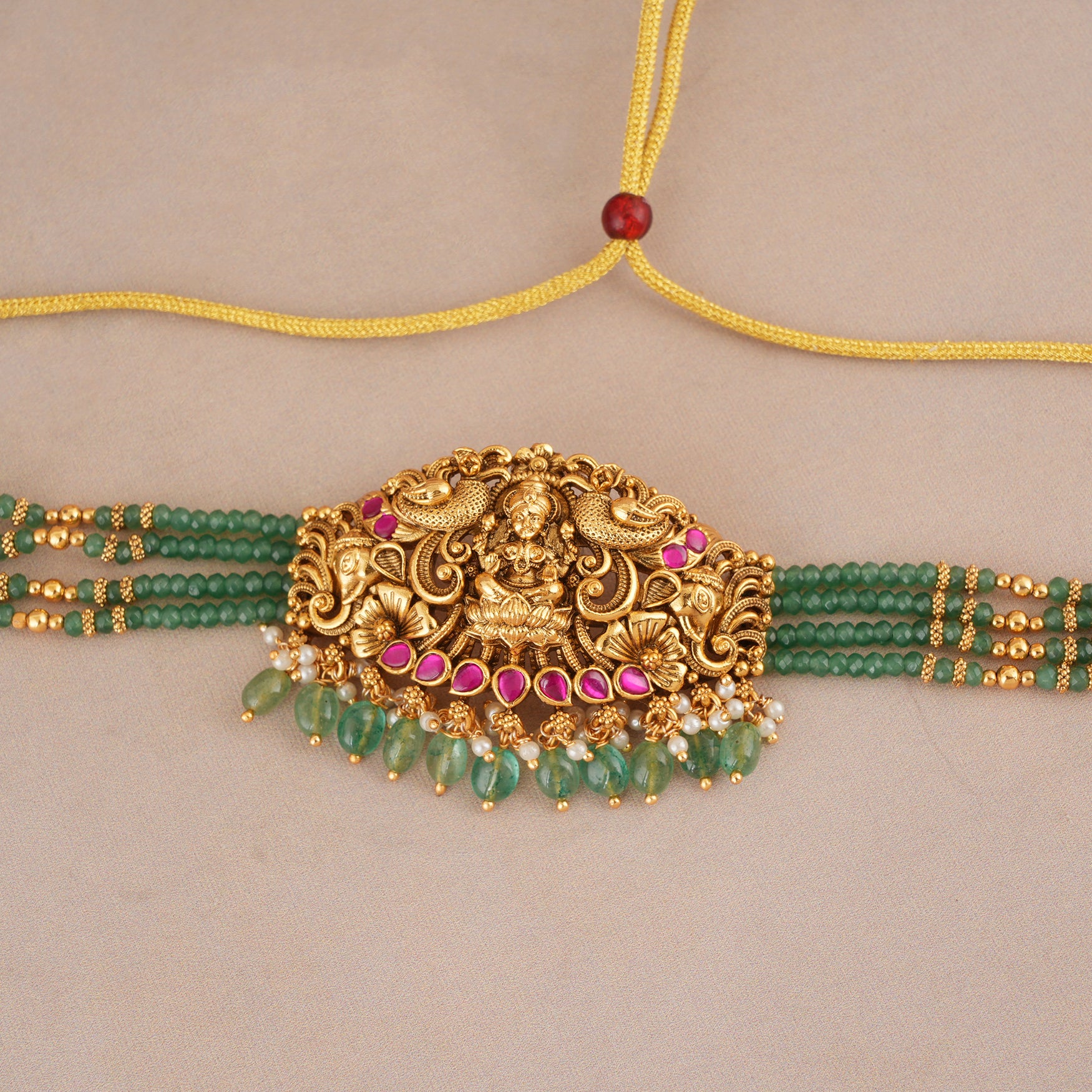 Stunning maa lakshmi antique gold multicolor choker set I Temple Jewellery