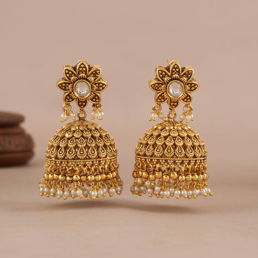 Stunning antique gold kundan pearl drop jhumka earring