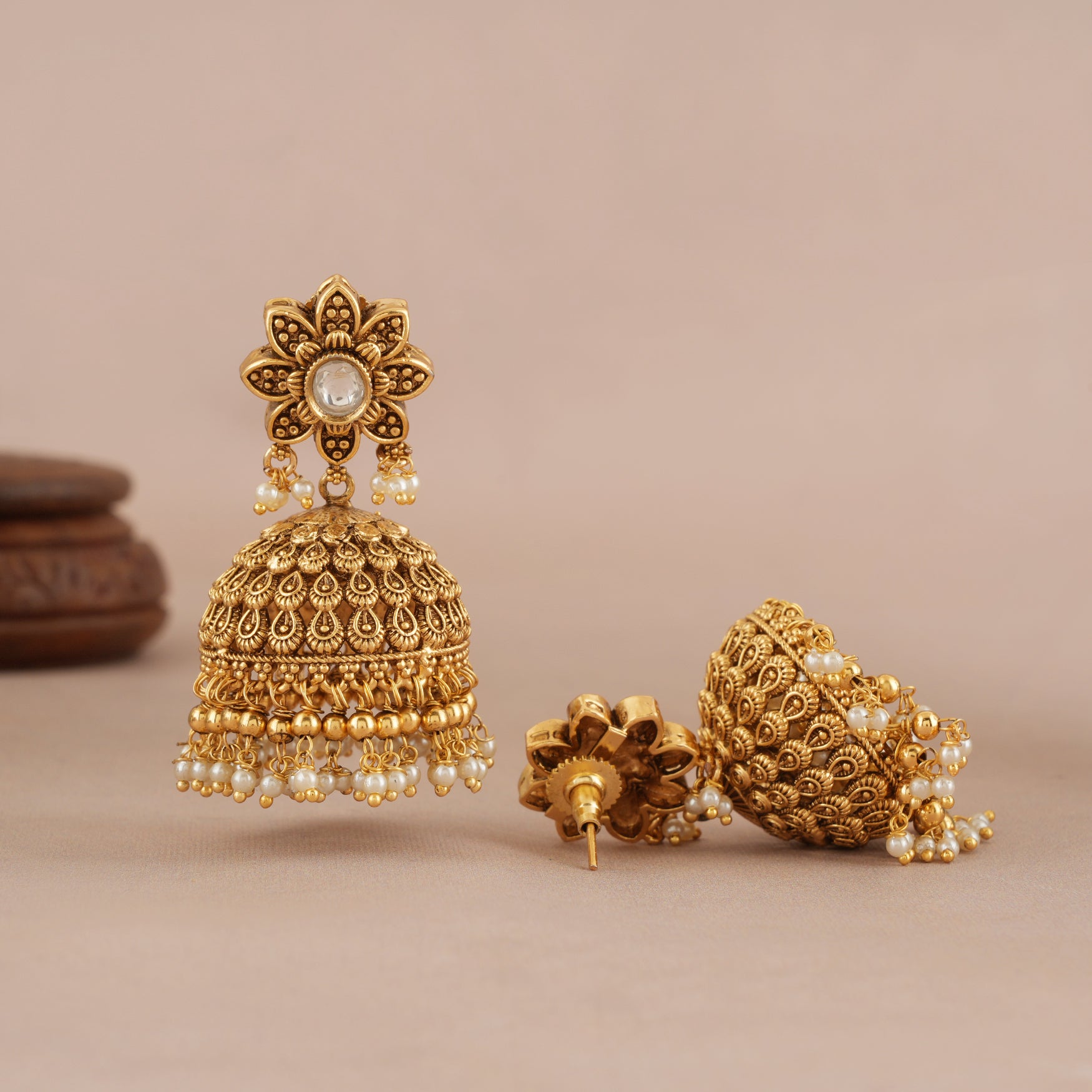 Stunning antique gold kundan pearl drop jhumka earring