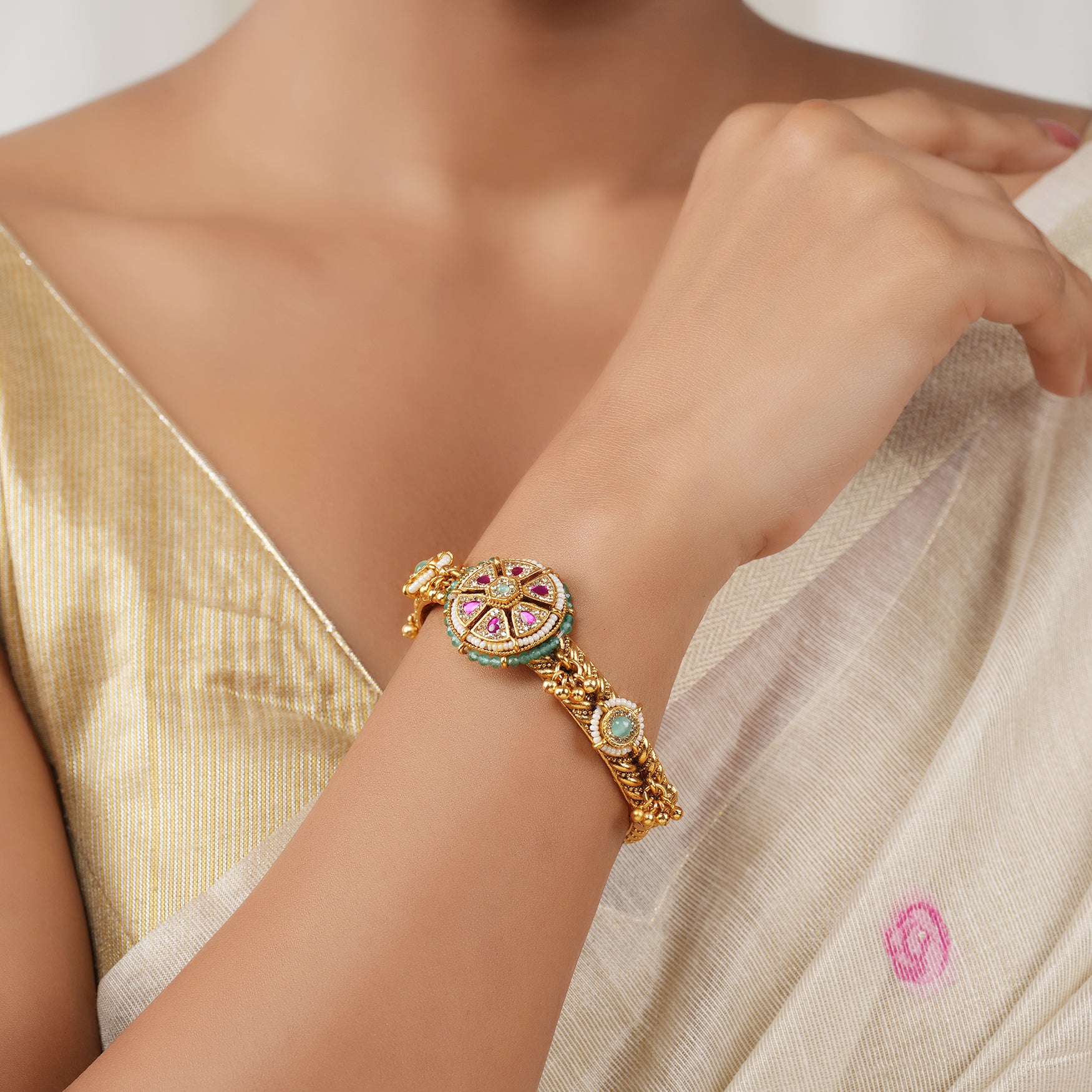 Stunning antique gold muticolor kada bangle for women