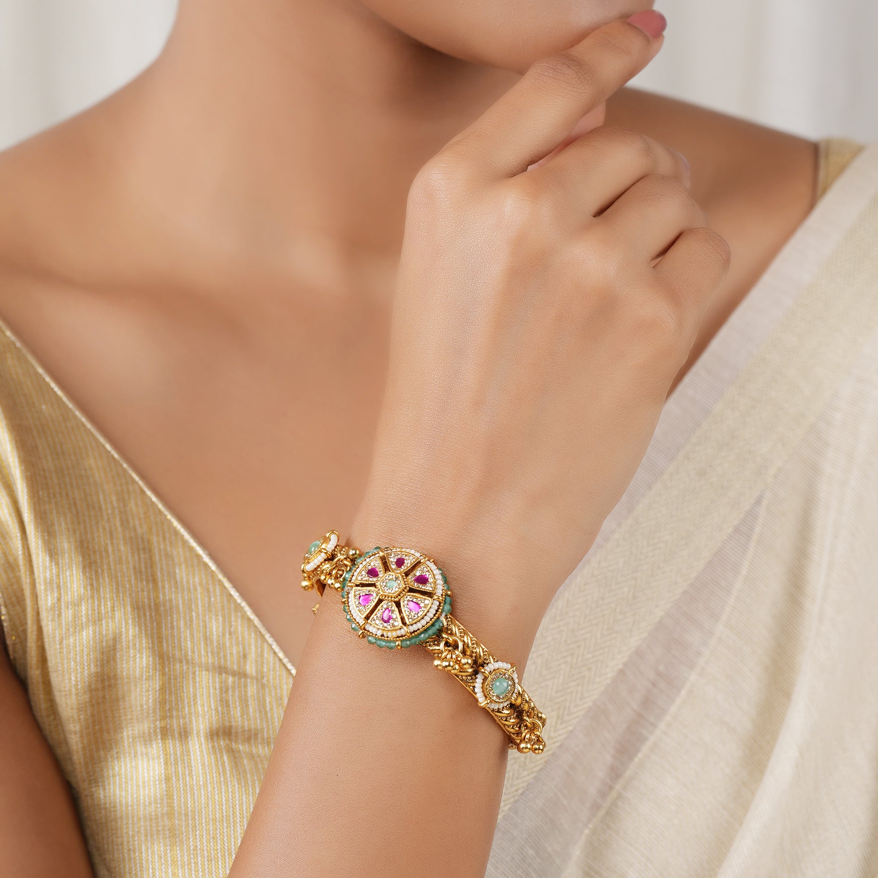 Stunning antique gold muticolor kada bangle for women