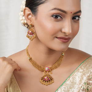 Stunning traditional antique gold ruby stone necklace set