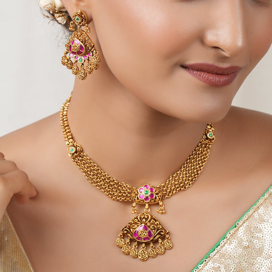 Stunning traditional antique gold ruby stone necklace set