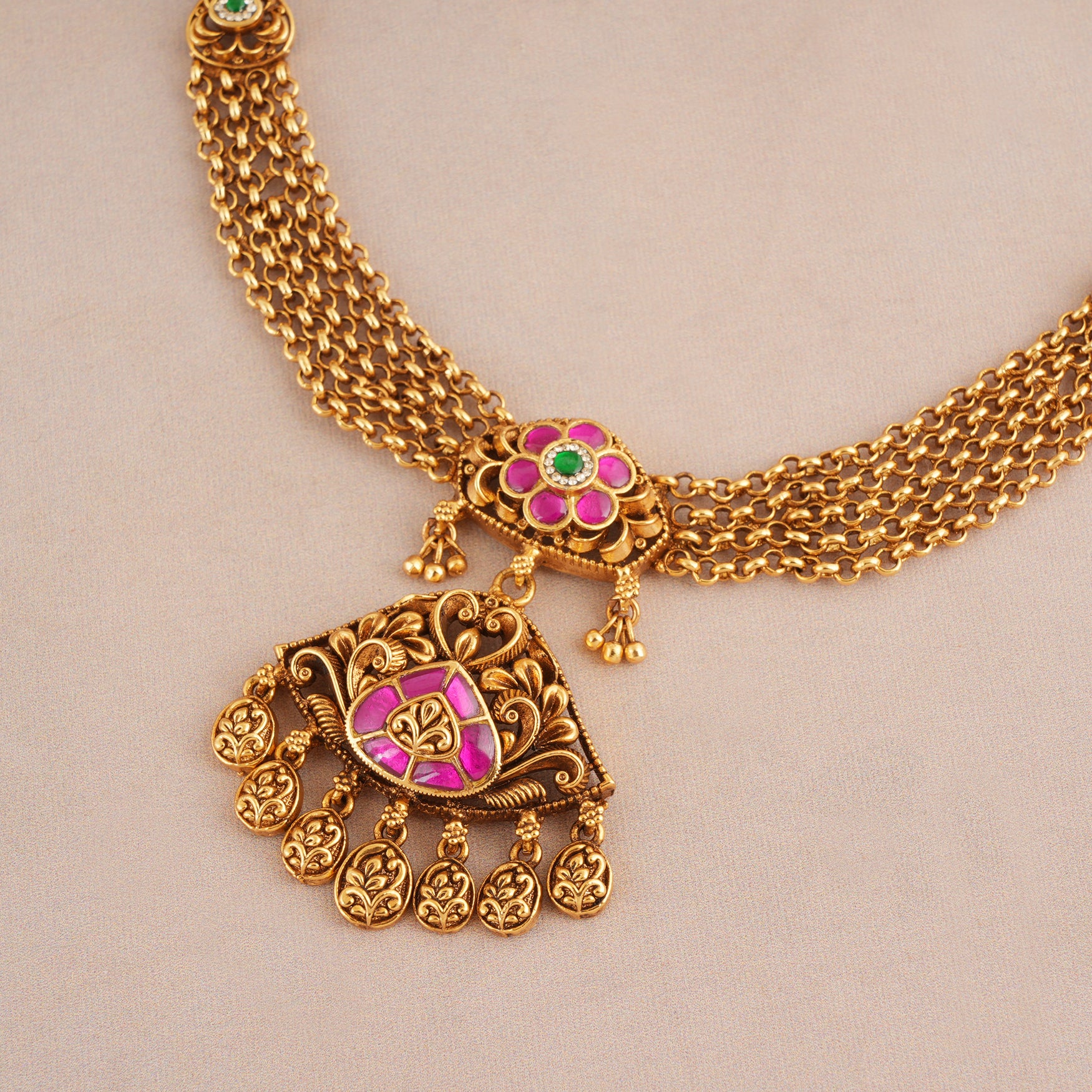 Stunning traditional antique gold ruby stone necklace set