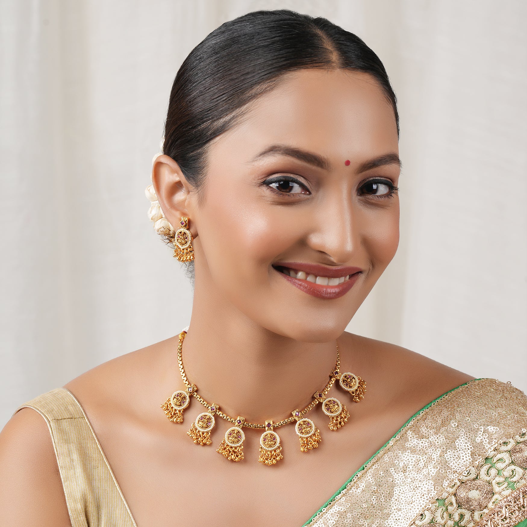 Beautiful traditional maa lakshmi pearl necklace set I Temple Jewellery