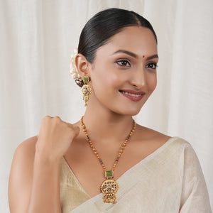 Long antique gold stone rajwadi pendant necklace set