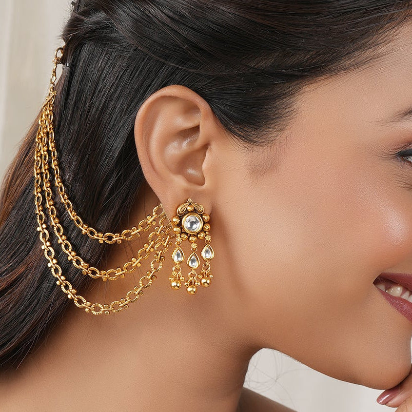 Elegant plain antique gold three layer ear chain