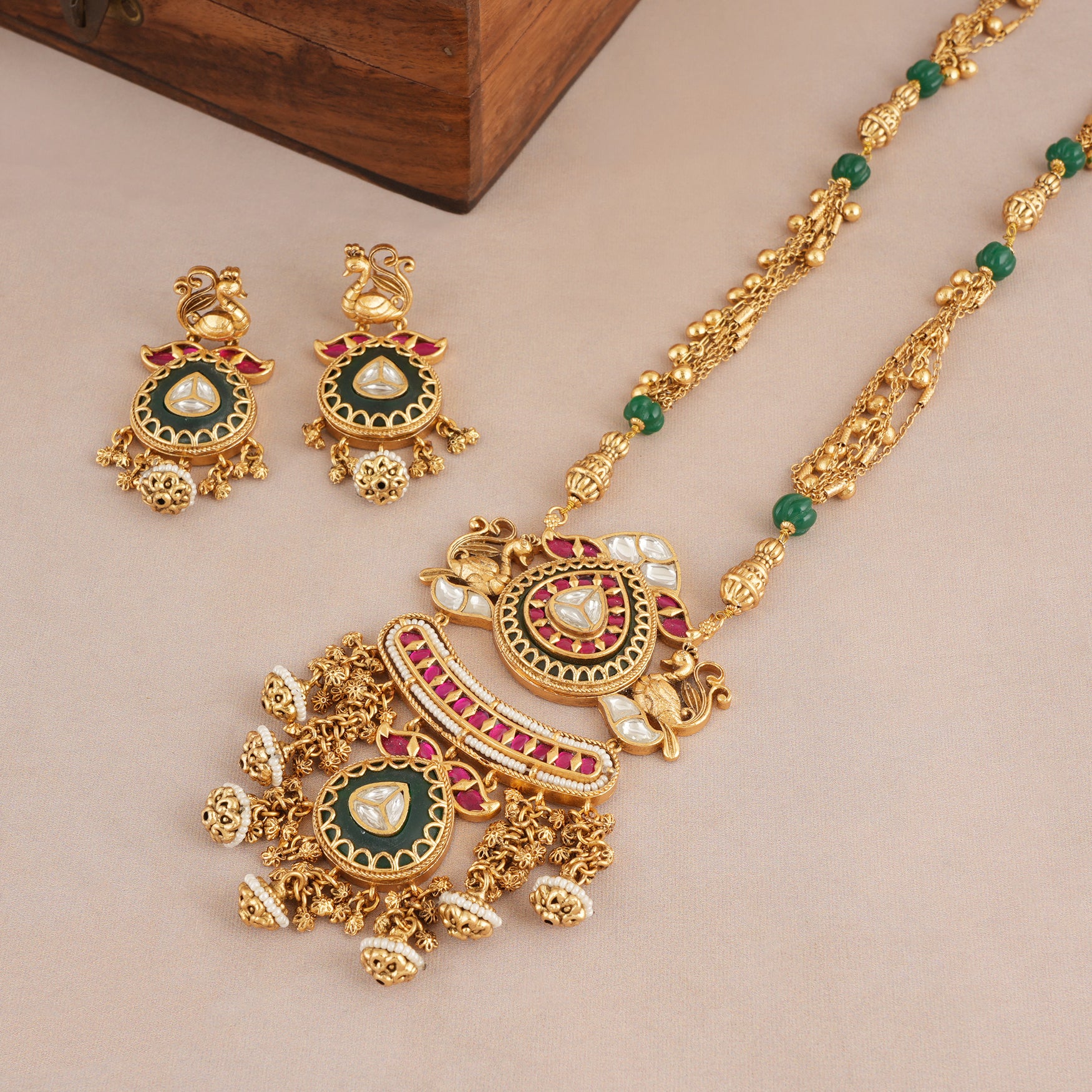 Long rajwadi multicolor stone antique gold necklace set