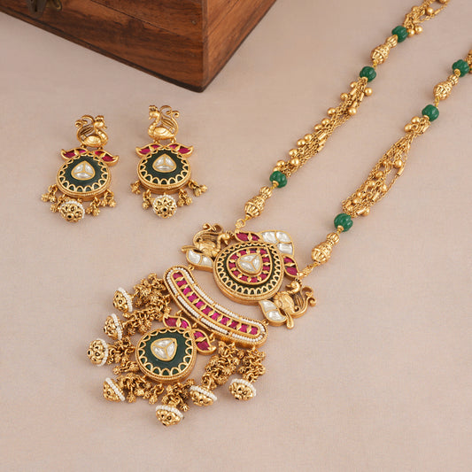 Long rajwadi multicolor stone antique gold necklace set