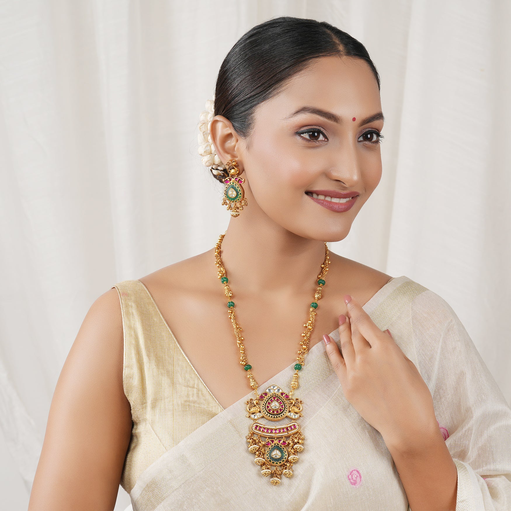 Long rajwadi multicolor stone antique gold necklace set