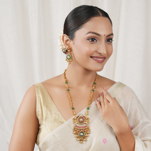Antique Gold Long Rajwadi Multicolor Stone Necklace Set