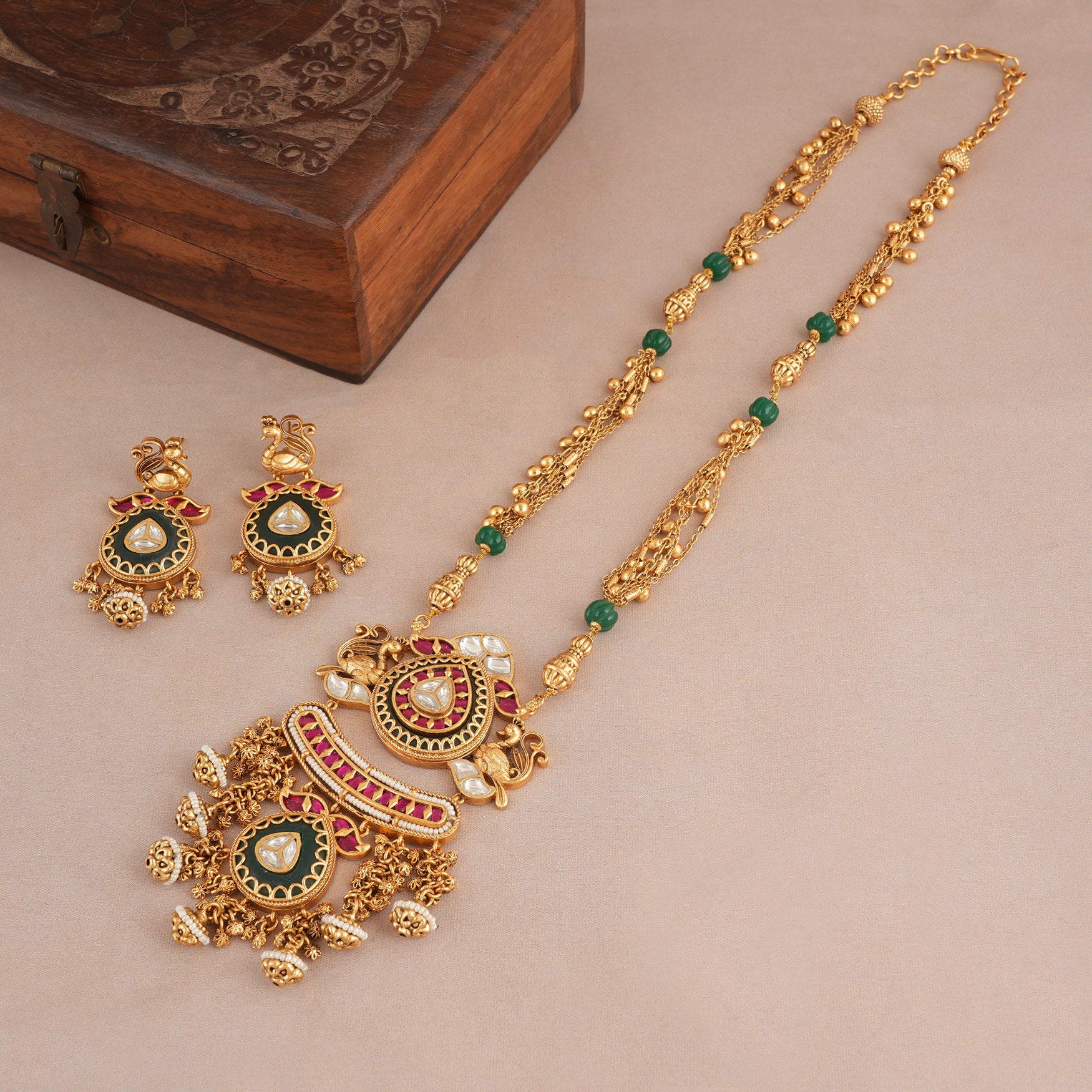 Long rajwadi multicolor stone antique gold necklace set