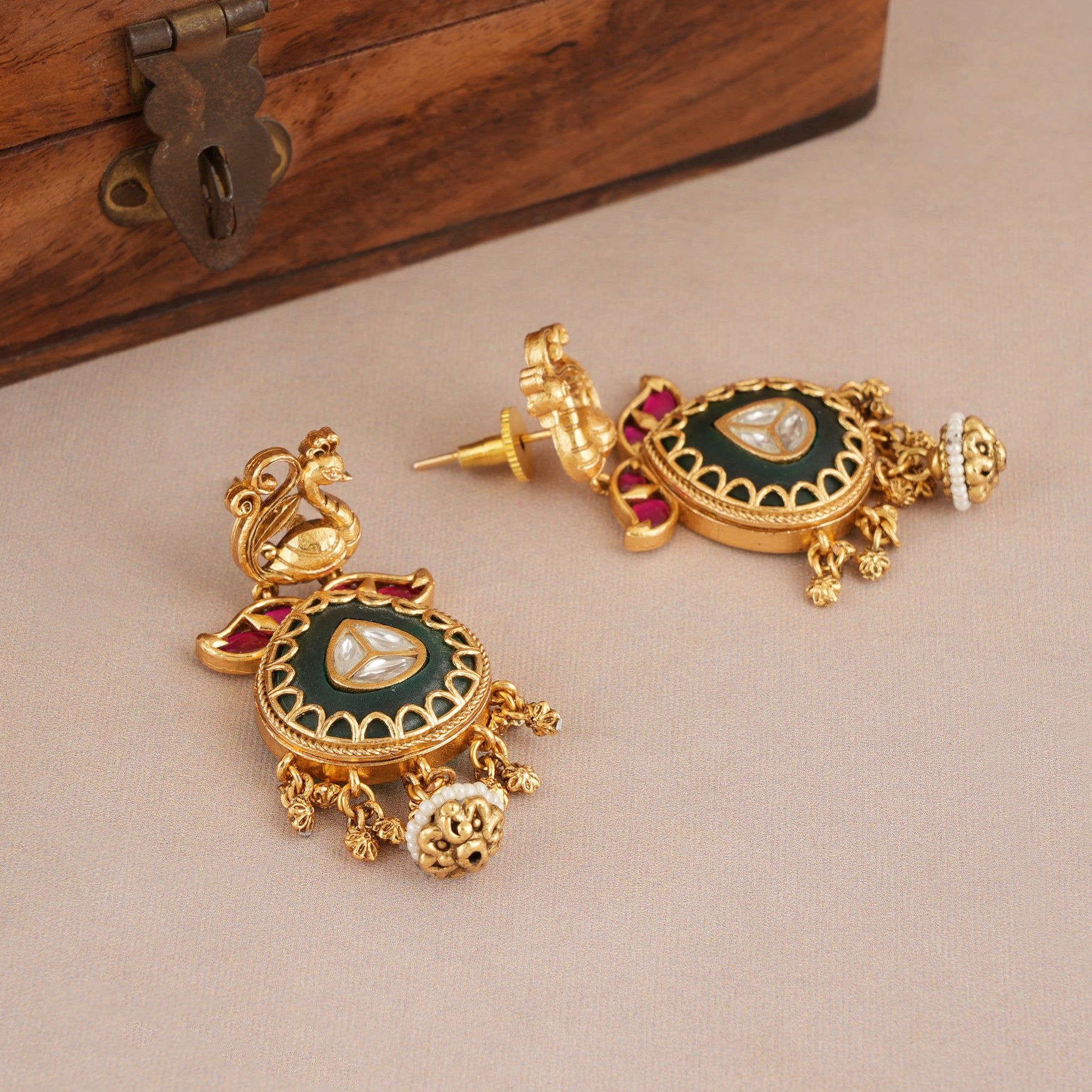 Long rajwadi multicolor stone antique gold necklace set