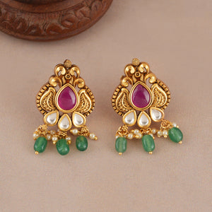 Traditional emerald stone drop antique gold kundan earring
