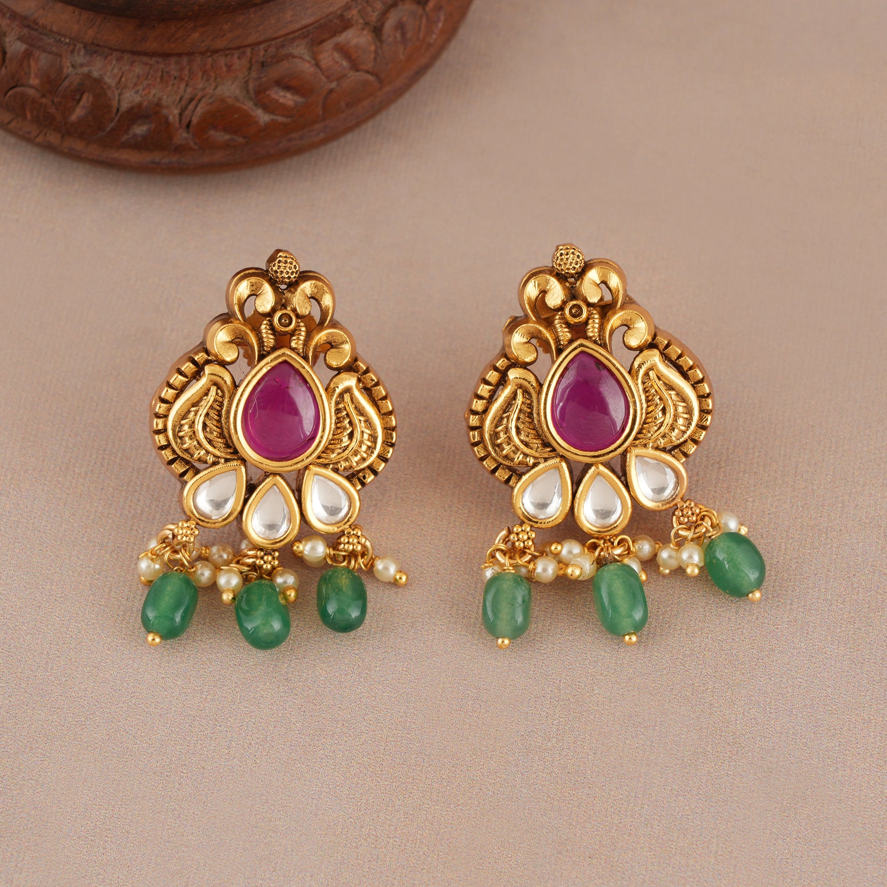 Traditional emerald stone drop antique gold kundan earring