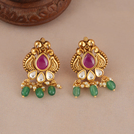 Traditional emerald stone drop antique gold kundan earring