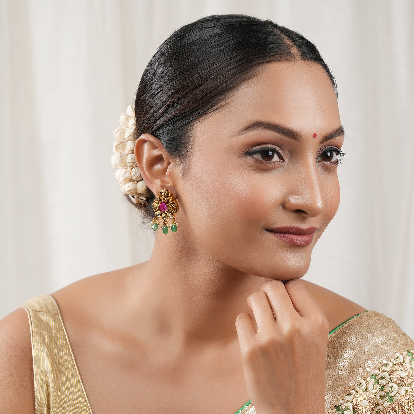 Traditional emerald stone drop antique gold kundan earring