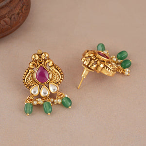 Traditional emerald stone drop antique gold kundan earring