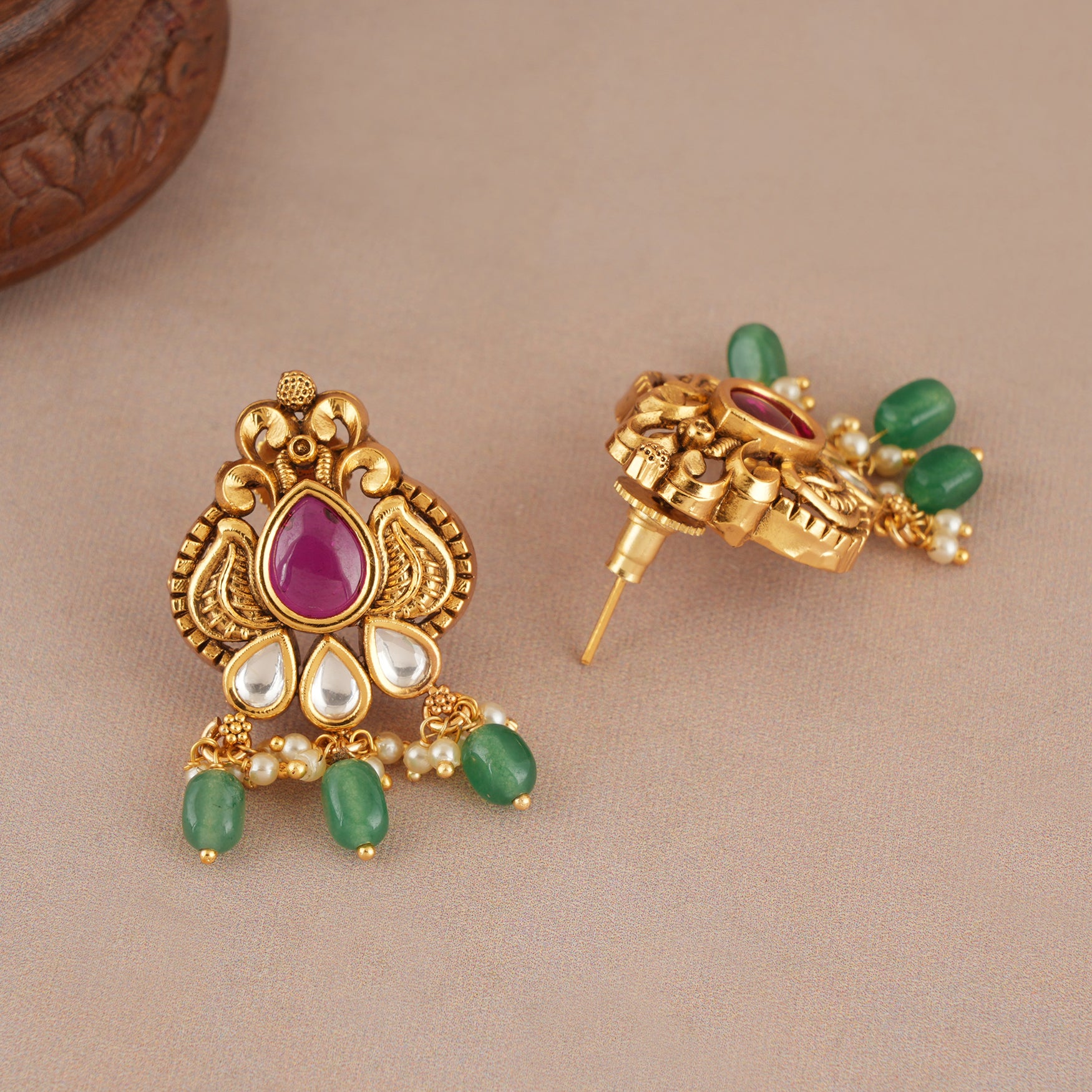 Traditional emerald stone drop antique gold kundan earring