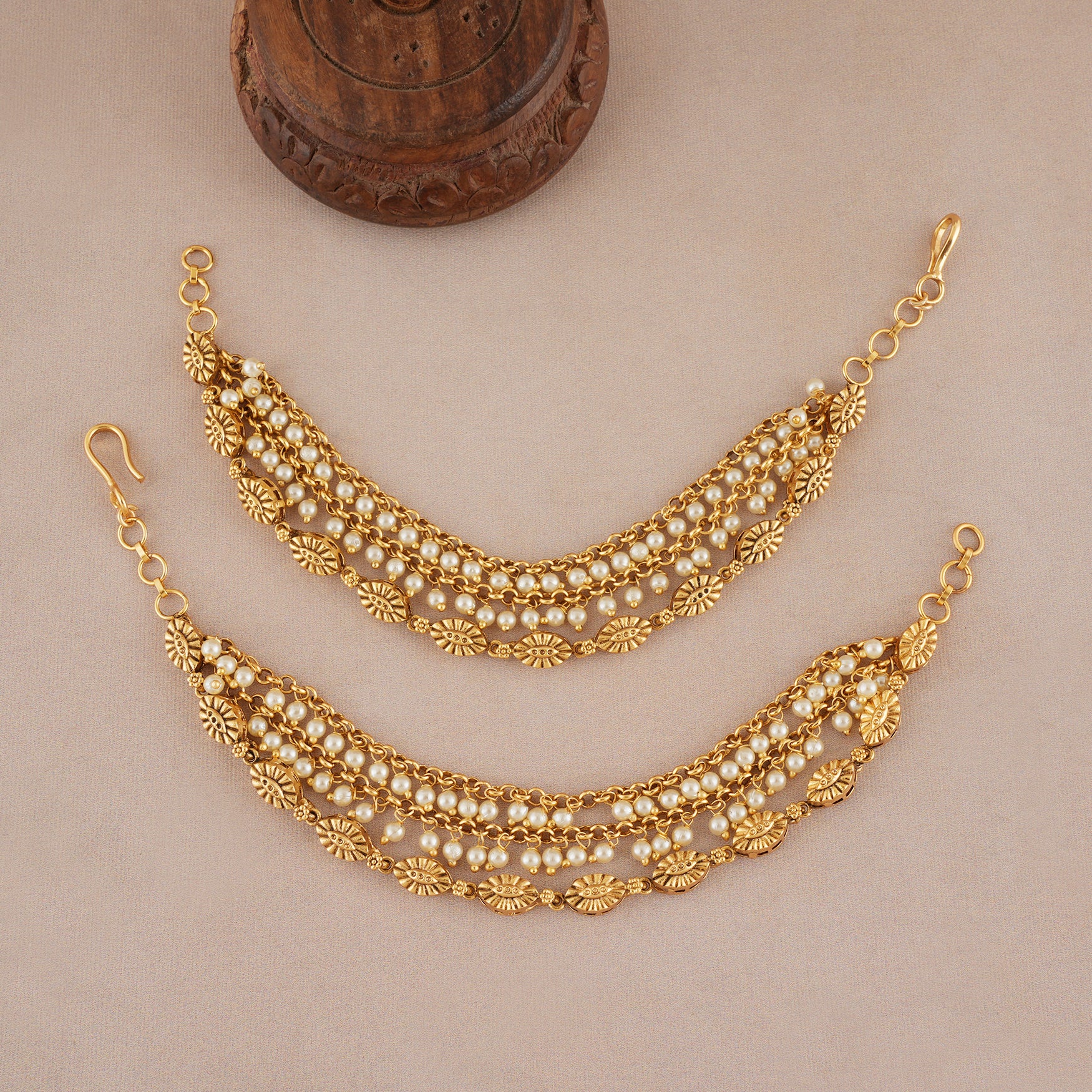 Pearl antique gold three line ear chain