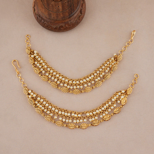 Pearl antique gold three line ear chain