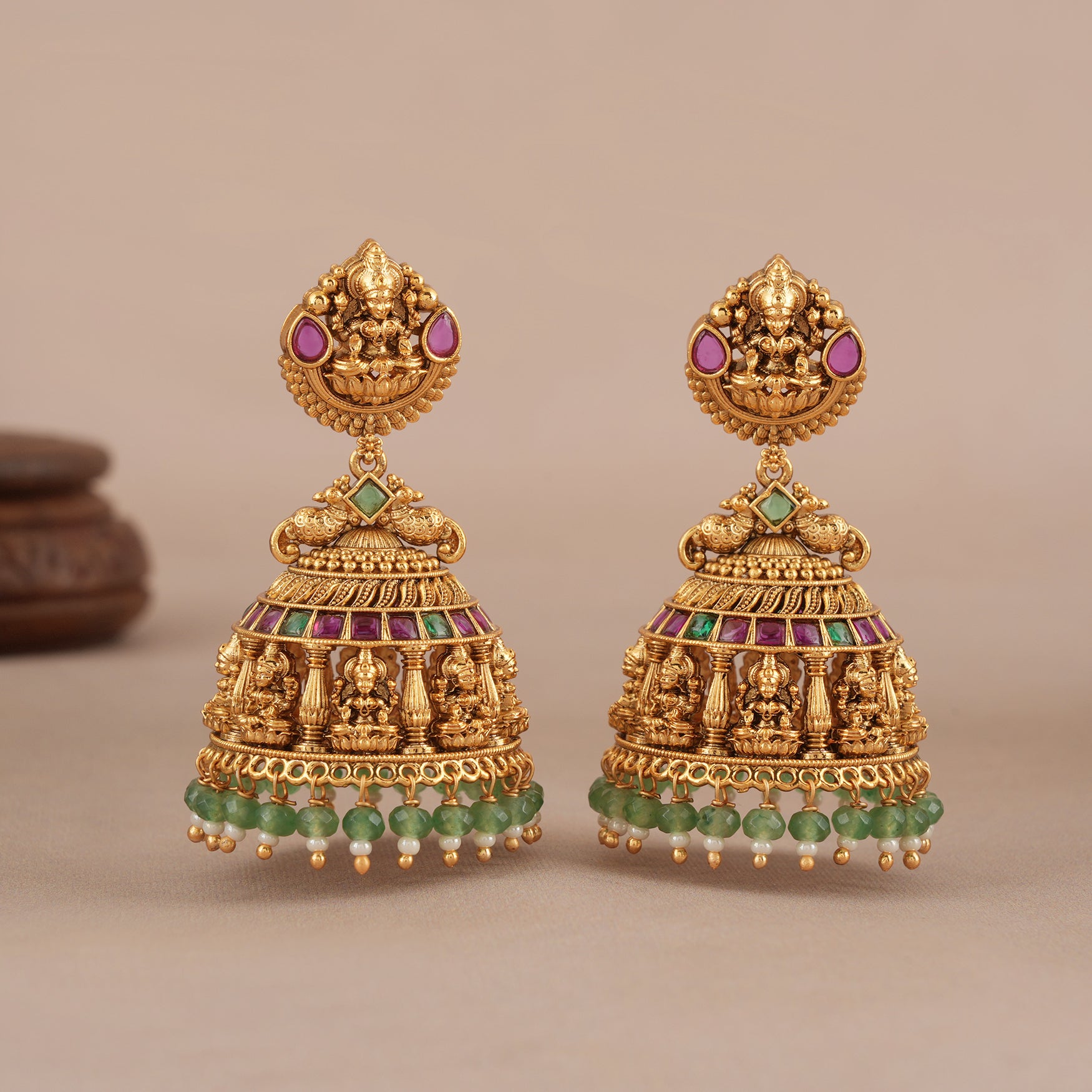 Stone drop antique gold traditional maa lakshmi jhumka earring I Temple jewellery